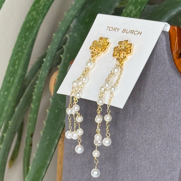 Tory Burch Gold Logo Pearl Tassel Drop Earrings | Statement Dangle - Picture 3 of 12